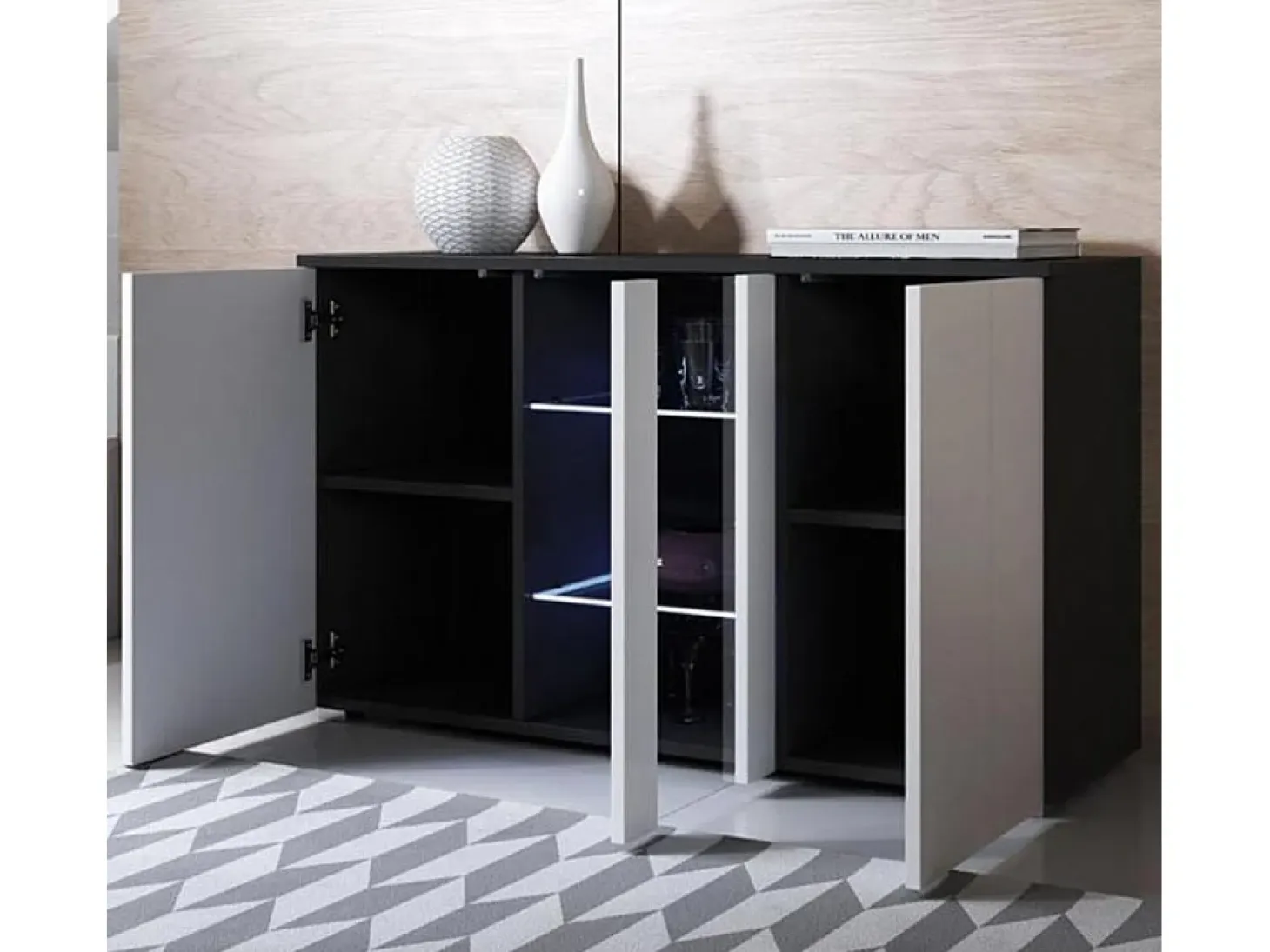Aparador para Salón comedor en Negro y Blanco con LED 120x40x72cm Luke A1