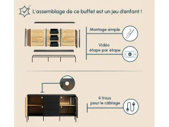 Aparador para Salón comedor en Color Negro y Roble Eos con LED 153,4x39x83cm Lux