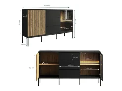 Aparador para Salón comedor en Color Negro y Roble Eos con LED 153,4x39x83cm Lux
