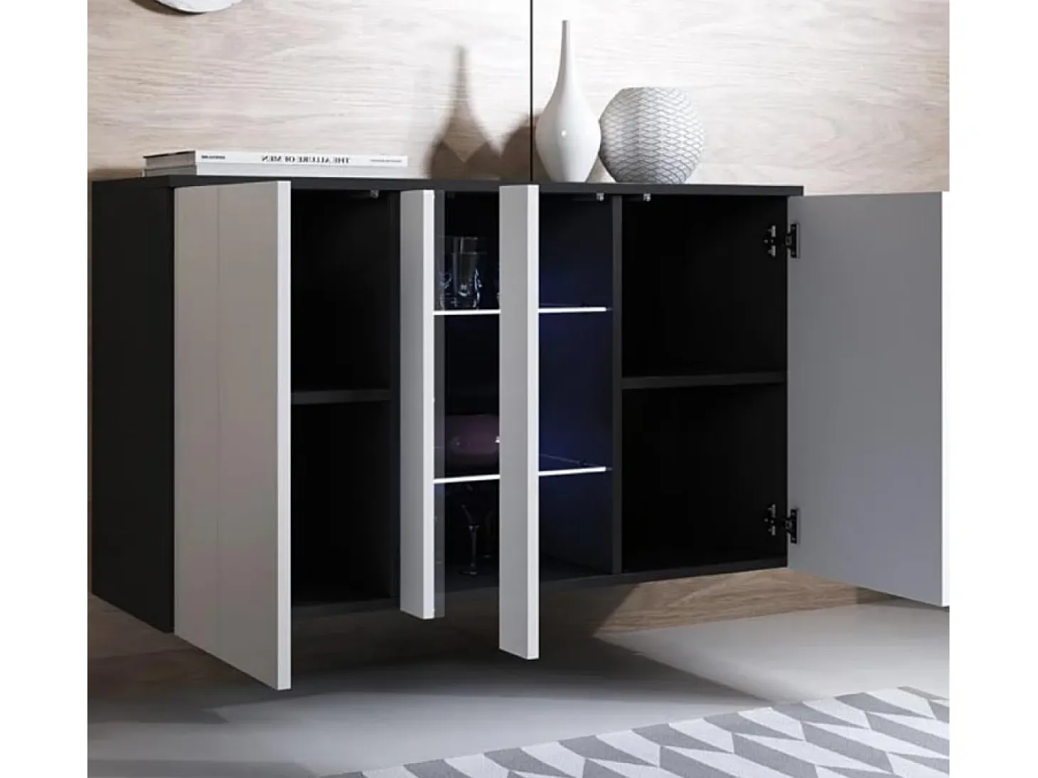 Aparador para Salón comedor en Negro y Blanco con LED 120x40x70cm Luke A1