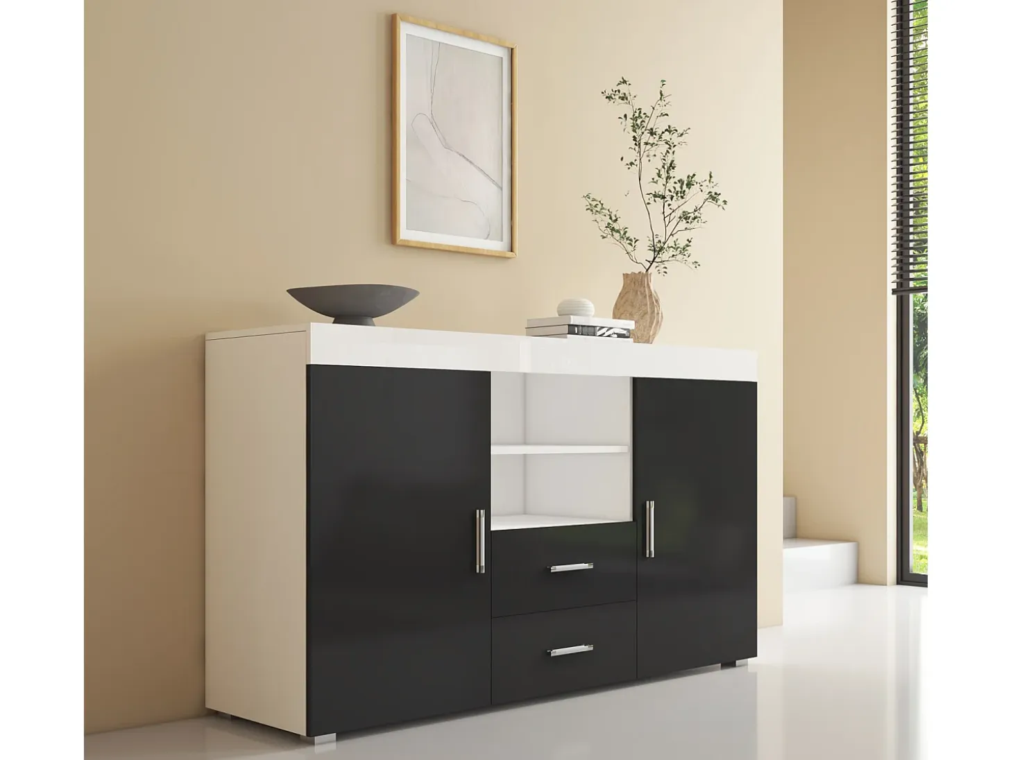 Aparador para Salón comedor en Blanco y Negro 140x40x80cm Roque