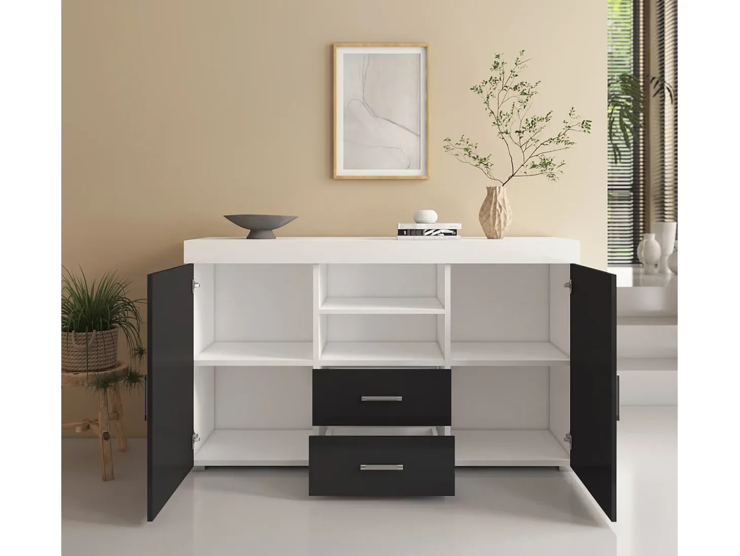 Aparador para Salón comedor en Blanco y Negro 140x40x80cm Roque