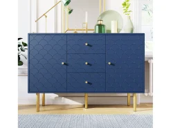 Aparador para salón dormitorio - 120 x 40 x 83 cm - con 2 puertas + 3 cajones - madera + metal - azul