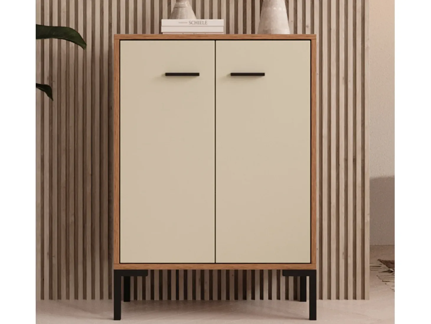 Aparador pequeño para Salón comedor en Nogal Ambar y Beige 60x30x84cm Lander L15