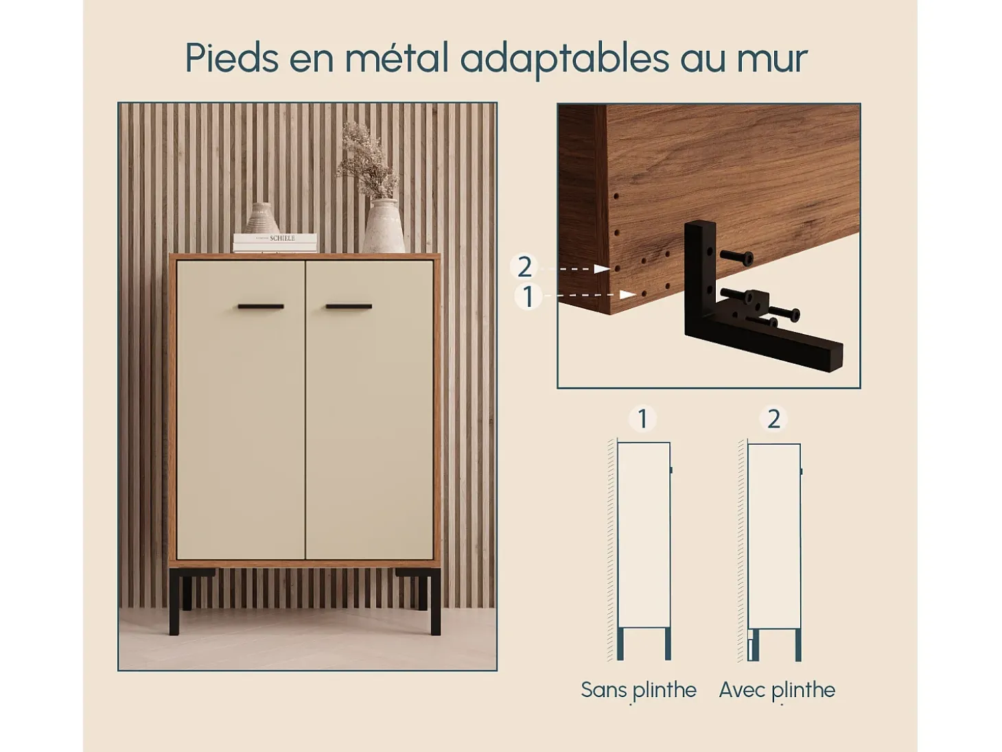 Aparador pequeño para Salón comedor en Nogal Ambar y Beige 60x30x84cm Lander L15