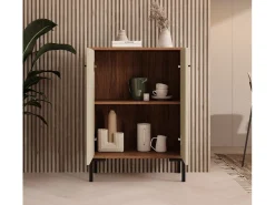 Aparador pequeño para Salón comedor en Nogal Ambar y Beige 60x30x84cm Lander L15