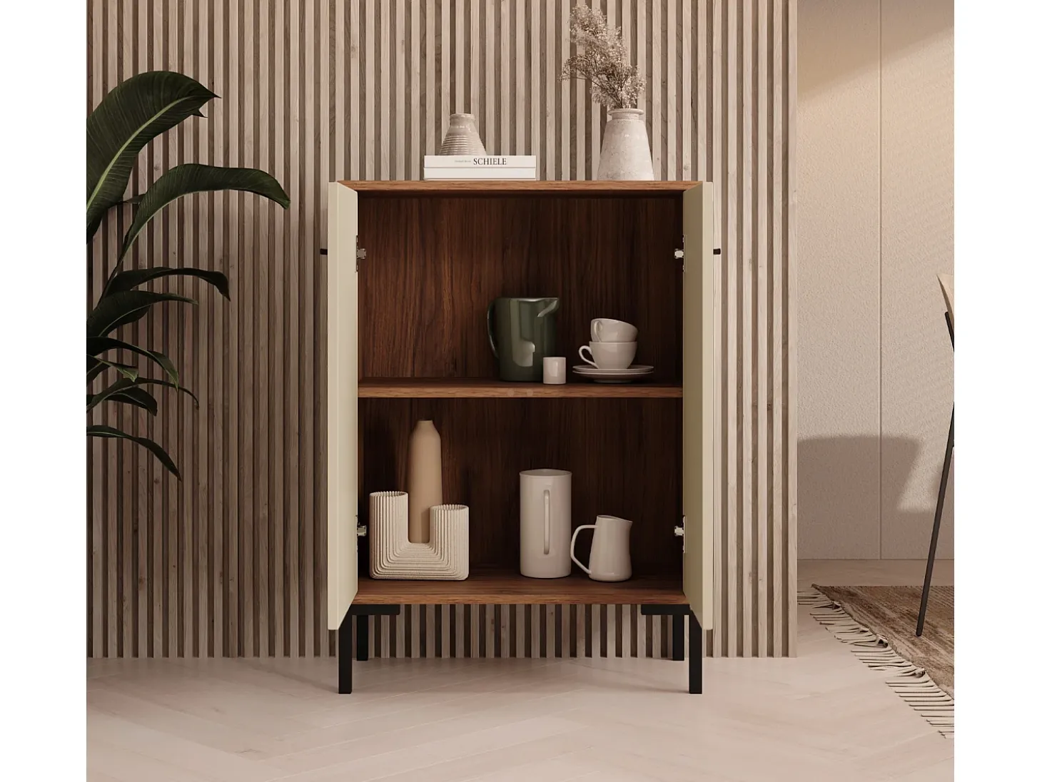 Aparador pequeño para Salón comedor en Nogal Ambar y Beige 60x30x84cm Lander L15