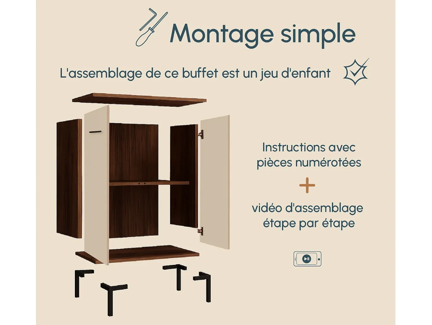 Aparador pequeño para Salón comedor en Nogal Ambar y Beige 60x30x84cm Lander L15