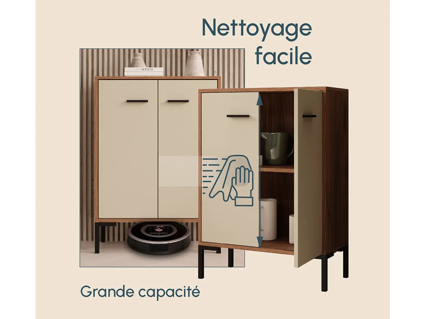 Aparador pequeño para Salón comedor en Nogal Ambar y Beige 60x30x84cm Lander L15