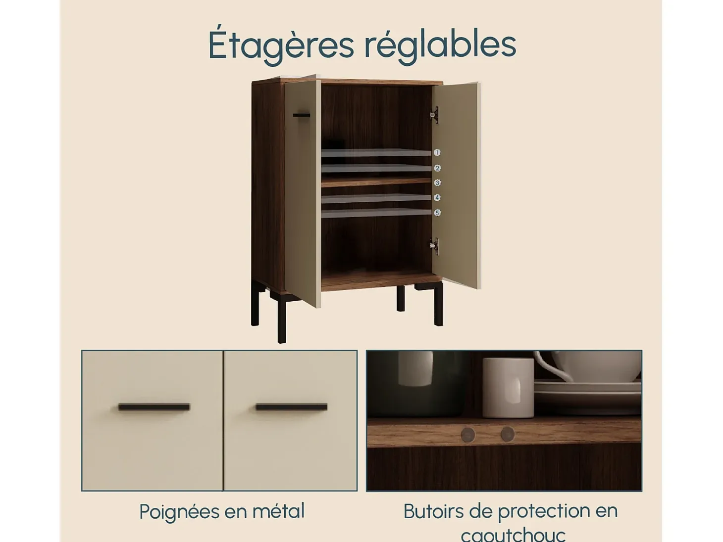 Aparador pequeño para Salón comedor en Nogal Ambar y Beige 60x30x84cm Lander L15