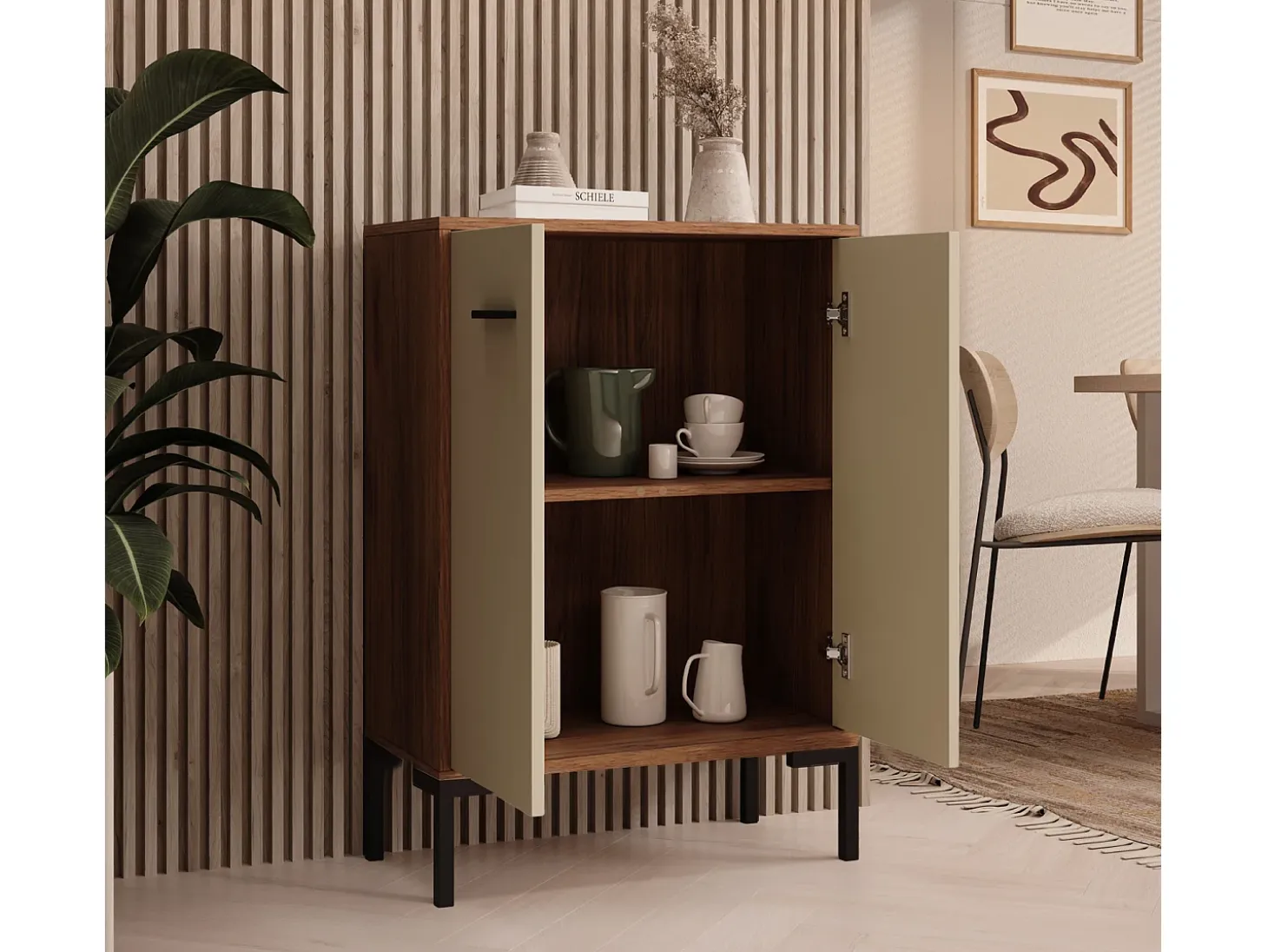 Aparador pequeño para Salón comedor en Nogal Ambar y Beige 60x30x84cm Lander L15