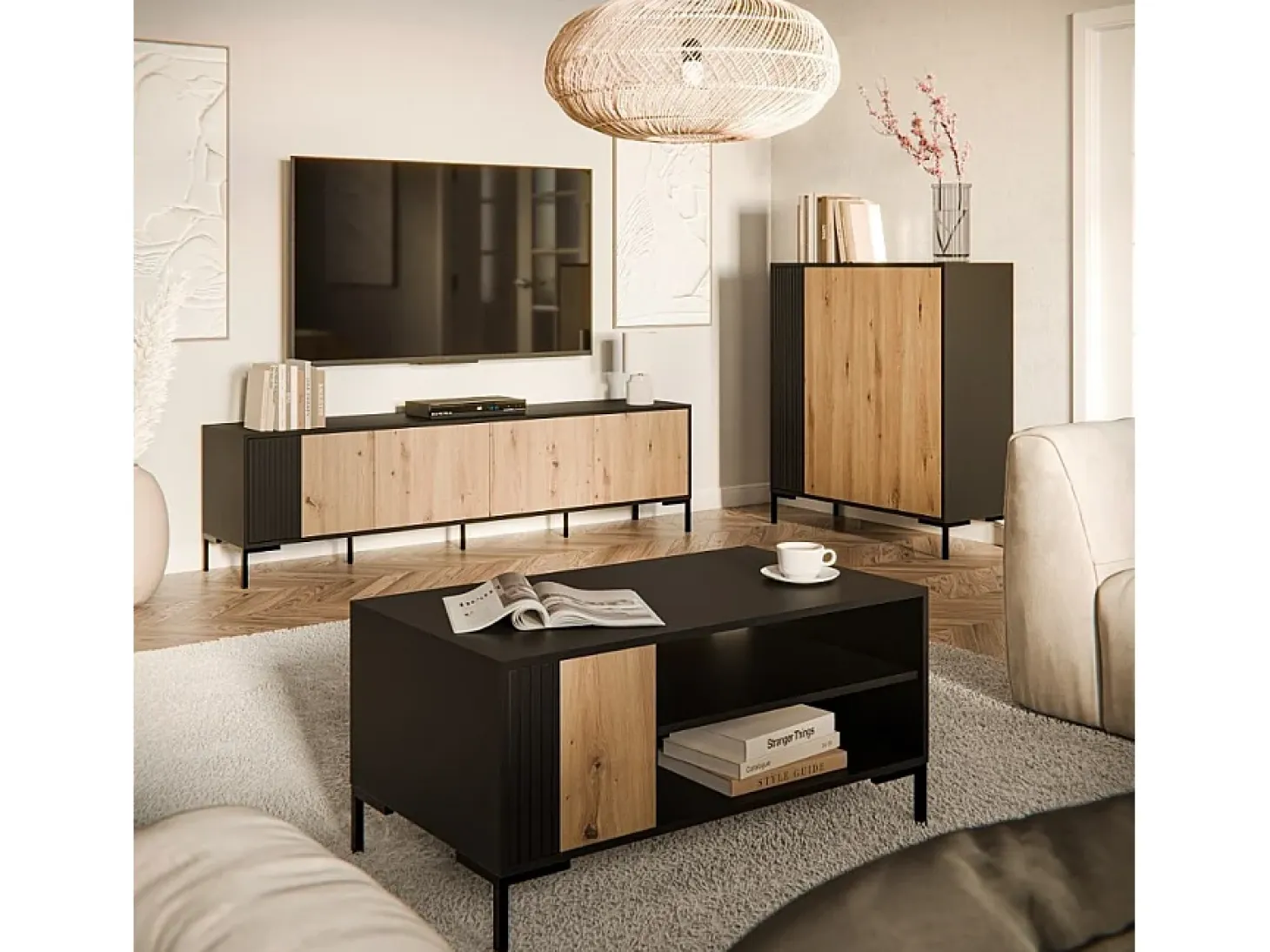 Aparador Polo negro y madera 3 puertas 150 cm