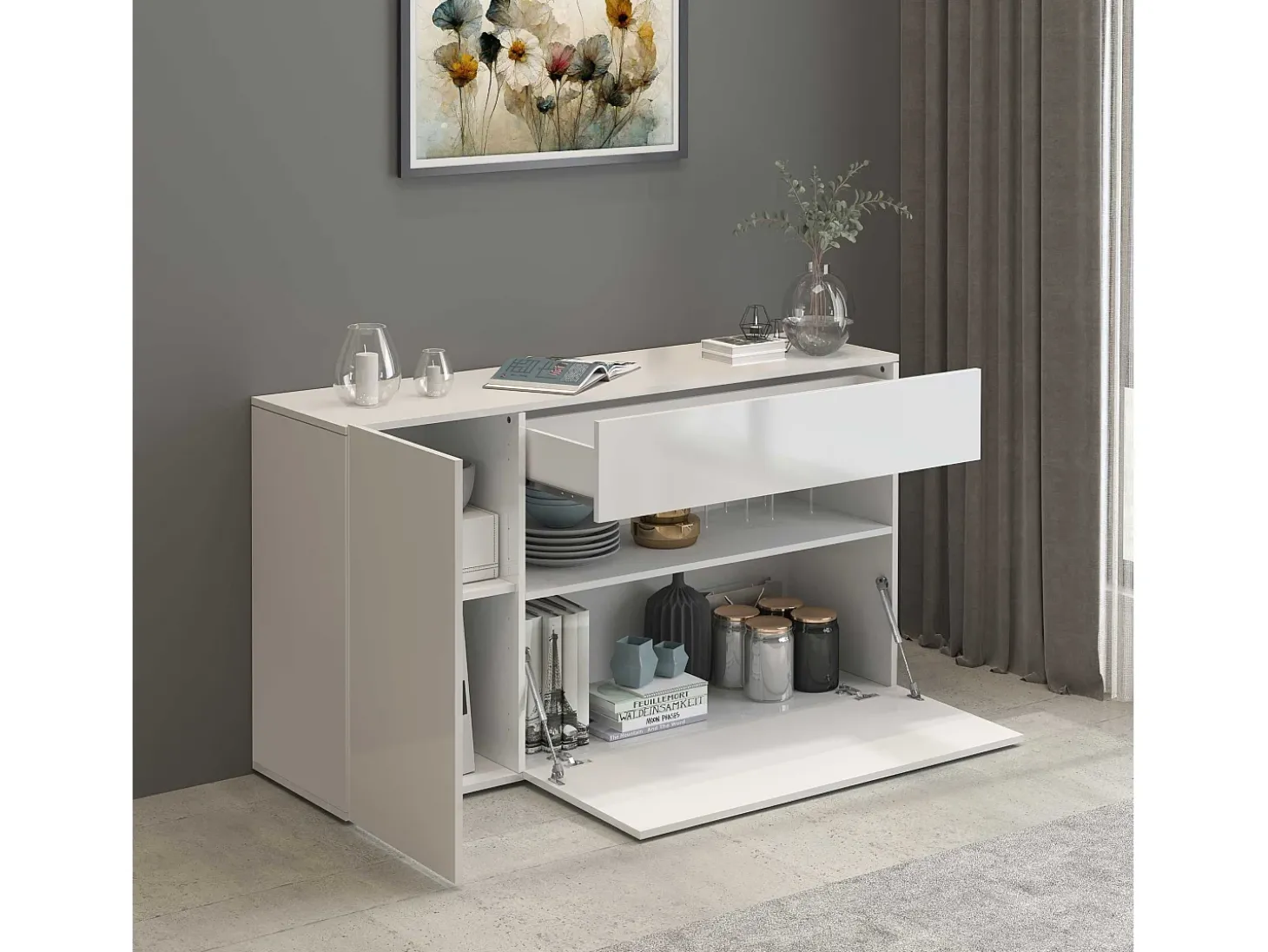 Aparador Potenza con 1 puerta, 1 puerta abatible y 1 cajón blanco brillo 140x40x81 cm