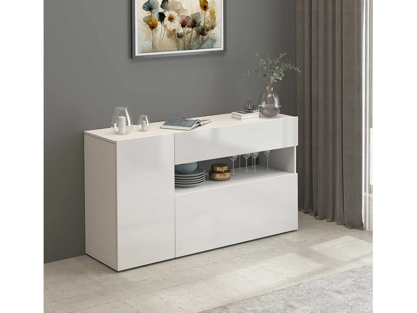 Aparador Potenza con 1 puerta, 1 puerta abatible y 1 cajón blanco brillo 140x40x81 cm