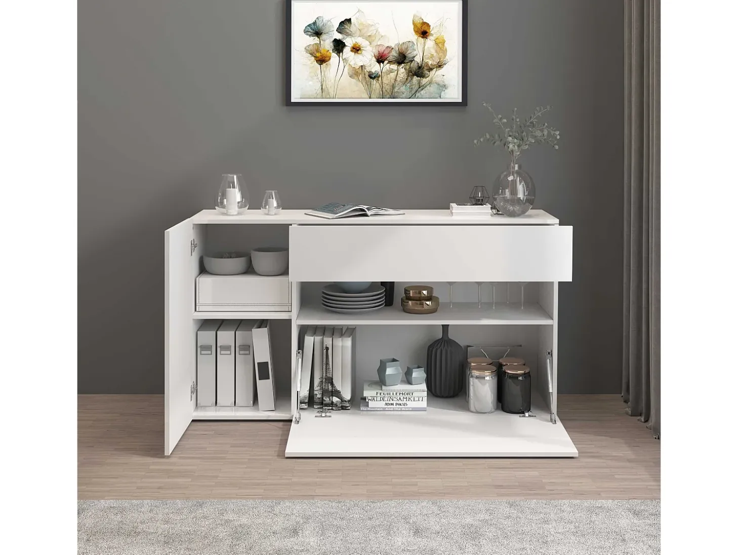 Aparador Potenza con 1 puerta, 1 puerta abatible y 1 cajón blanco brillo 140x40x81 cm