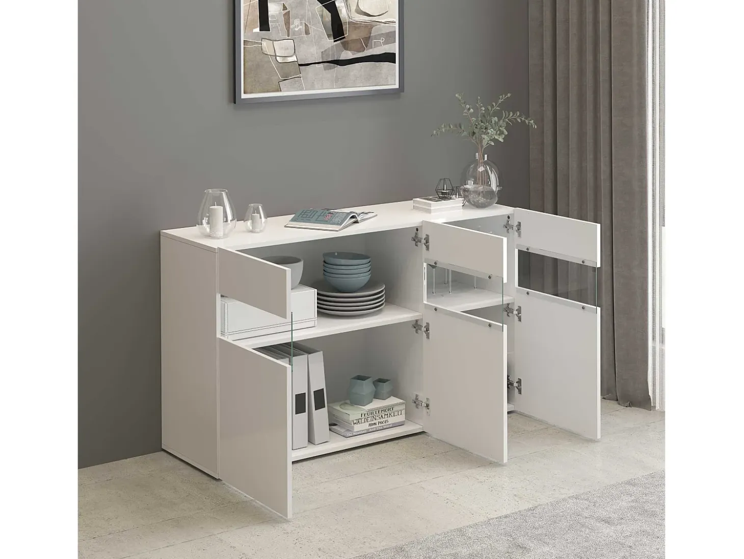 Aparador Potenza con 3 puertas blanco brillo 130x40x81 cm