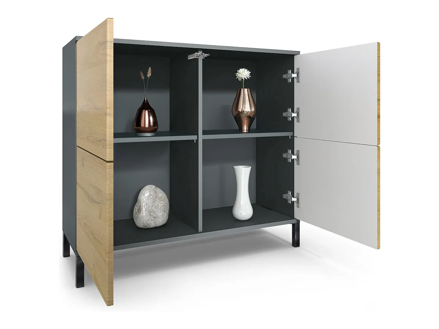 Aparador Rova V3 – Armario de cocina moderno con 4 puertas Push-to-Open antracita mate / burdeos de alto brillo (92,5 x 83.5 x 35)