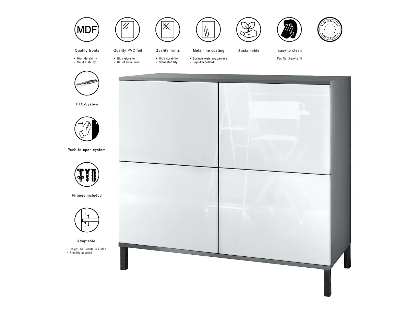 Aparador Rova V3 – Armario de cocina moderno con 4 puertas Push-to-Open antracita mate / burdeos de alto brillo (92,5 x 83.5 x 35)