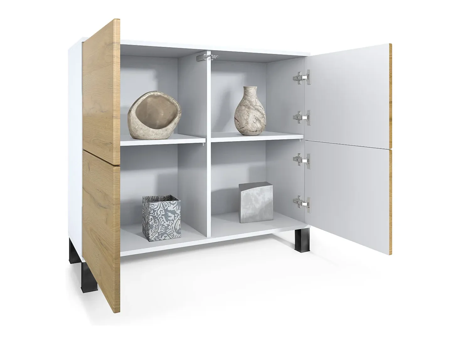 Aparador Rova V3 – Armario de cocina moderno con 4 puertas Push-to-Open blanco mate / gris arena de alto brillo (92,5 x 84.5 x 35)