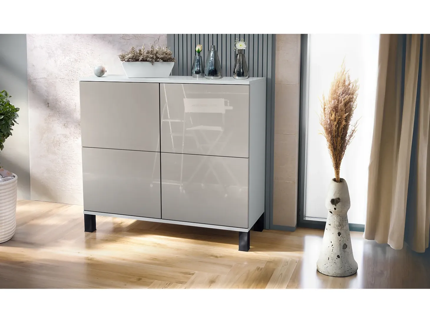 Aparador Rova V3 – Armario de cocina moderno con 4 puertas Push-to-Open blanco mate / gris arena de alto brillo (92,5 x 84.5 x 35)