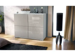 Aparador Rova V3 – Armario de cocina moderno con 4 puertas Push-to-Open blanco mate / gris arena de alto brillo (92,5 x 75.5 x 35)