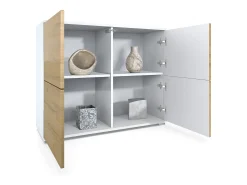 Aparador Rova V3 – Armario de cocina moderno con 4 puertas Push-to-Open blanco mate / gris arena de alto brillo (92,5 x 75.5 x 35)