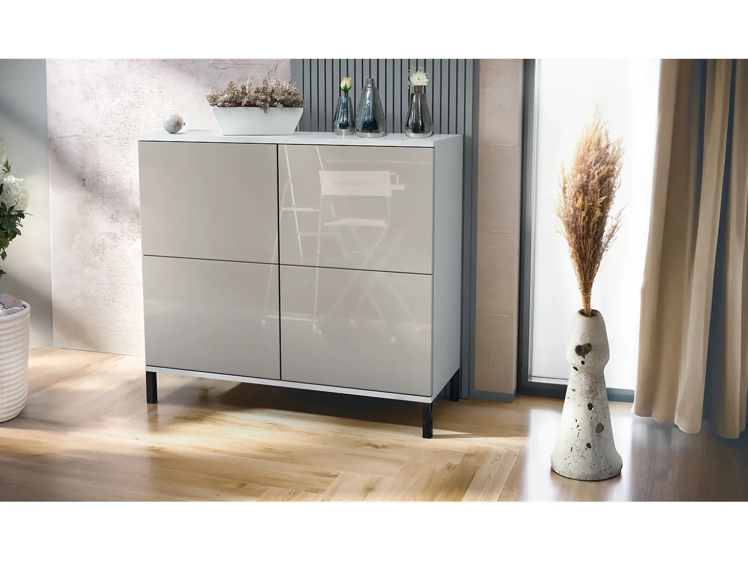 Aparador Rova V3 – Armario de cocina moderno con 4 puertas Push-to-Open blanco mate / gris arena de alto brillo (92,5 x 83.5 x 35)