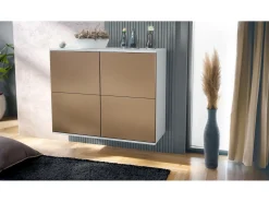 Aparador Rova V3 – Armario de cocina moderno con 4 puertas Push-to-Open blanco mate / aspecto en bronce (92,5 x 73.5 x 35)