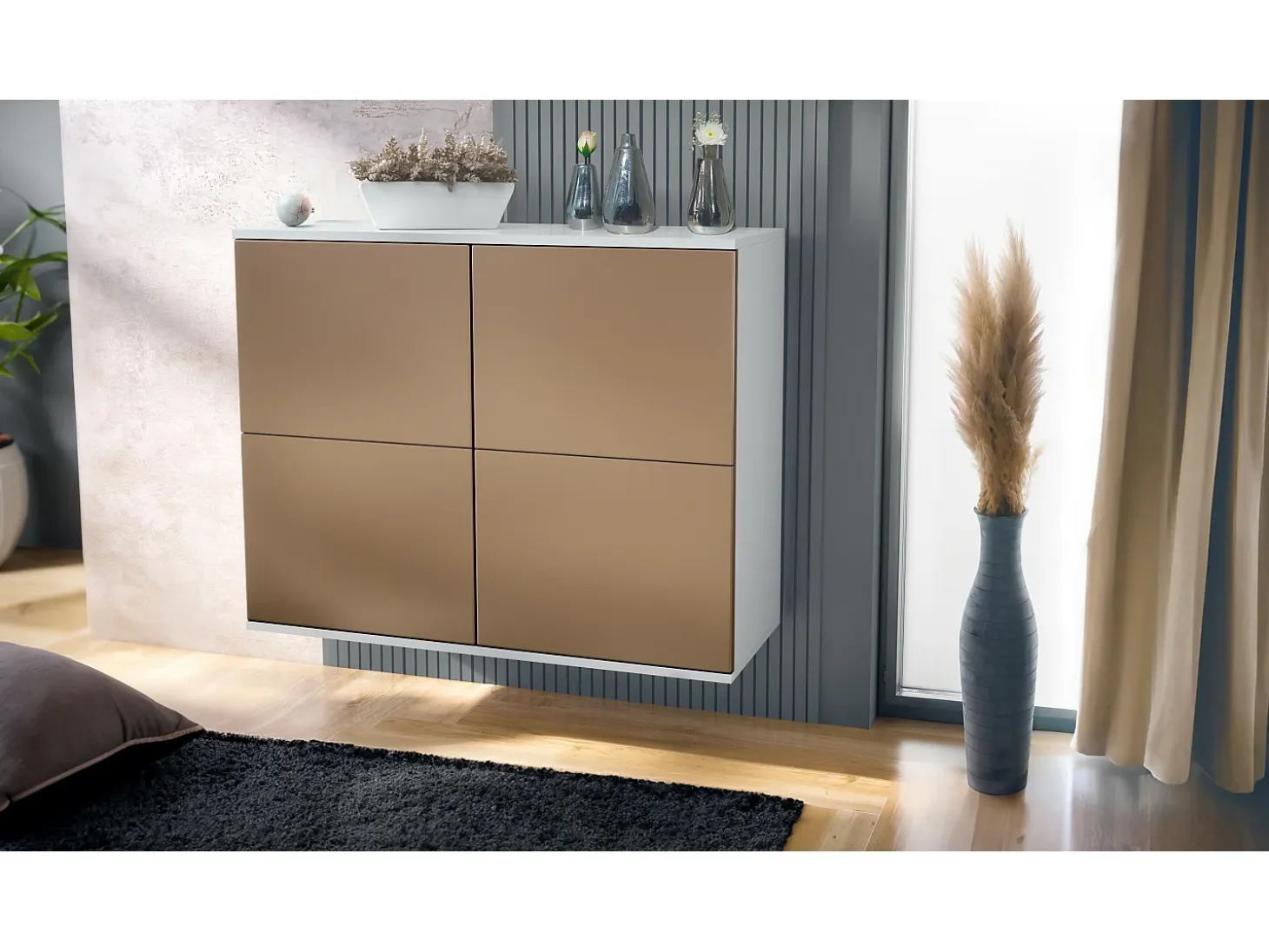 Aparador Rova V3 – Armario de cocina moderno con 4 puertas Push-to-Open blanco mate / aspecto en bronce (92,5 x 73.5 x 35)