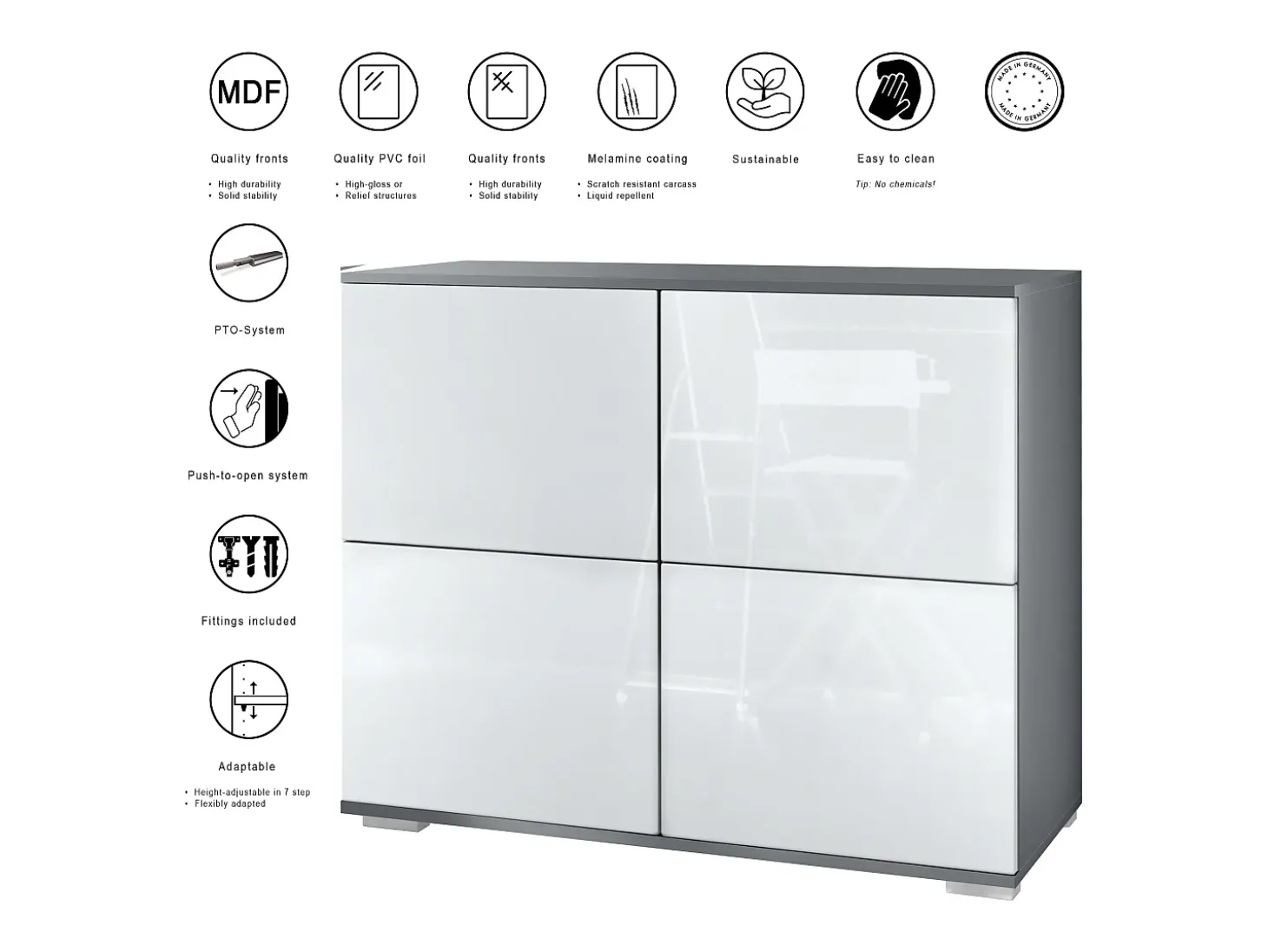 Aparador Rova V3 – Armario de cocina moderno con 4 puertas Push-to-Open antracita mate / crema de alto brillo (92,5 x 75.5 x 35)