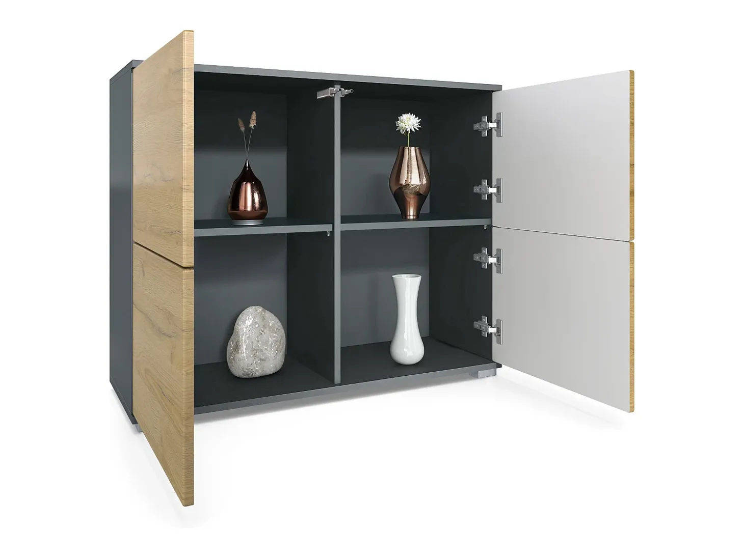 Aparador Rova V3 – Armario de cocina moderno con 4 puertas Push-to-Open antracita mate / crema de alto brillo (92,5 x 75.5 x 35)