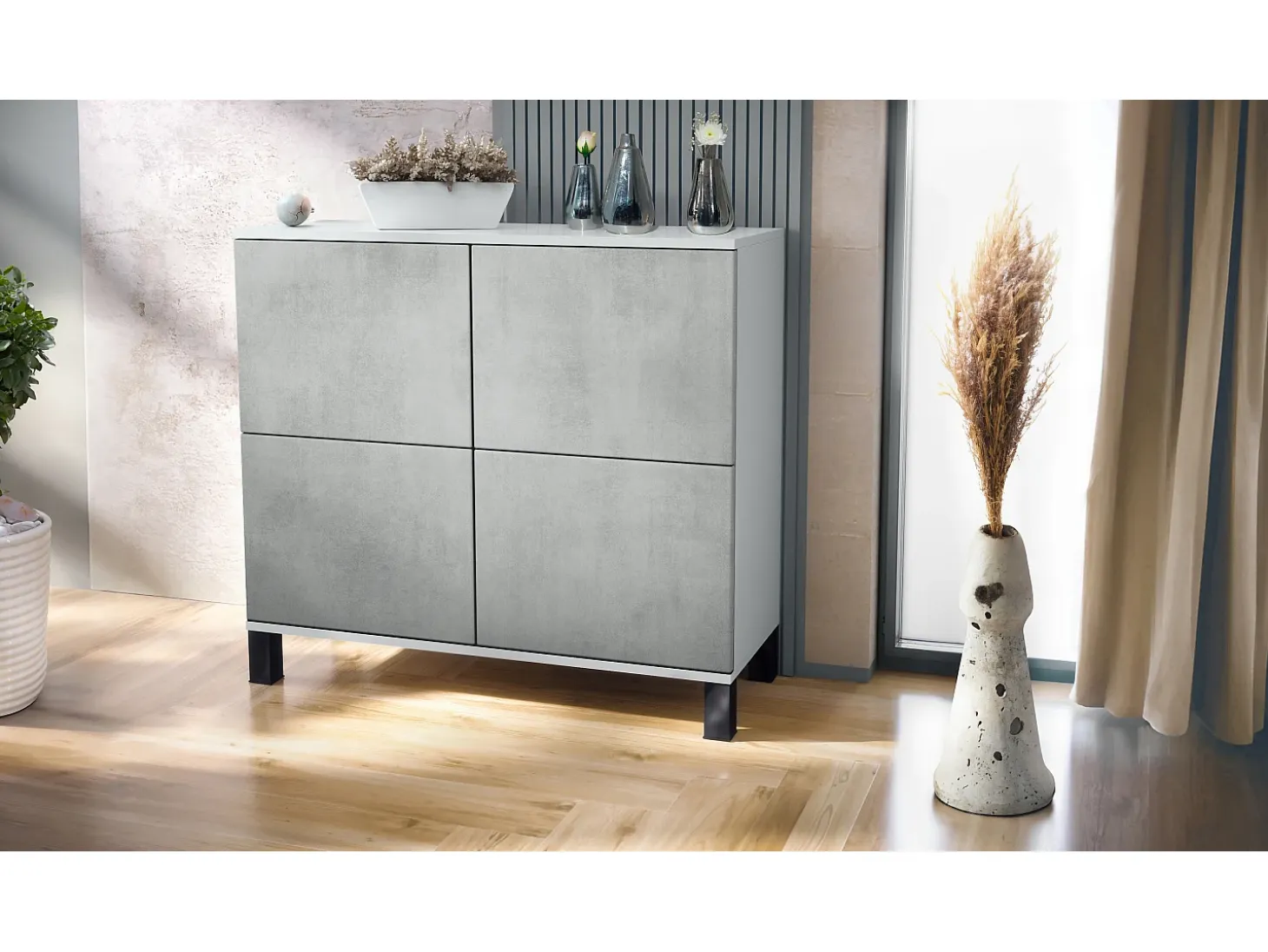 Aparador Rova V3 – Armario de cocina moderno con 4 puertas Push-to-Open blanco mate / hormigón oxidado (92,5 x 84.5 x 35)