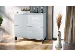 Aparador Rova V3 – Armario de cocina moderno con 4 puertas Push-to-Open blanco mate / blanco de alto brillo (92,5 x 84.5 x 35)