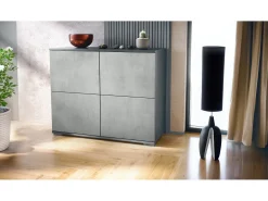 Aparador Rova V3 – Armario de cocina moderno con 4 puertas Push-to-Open antracita mate / hormigón oxidado (92,5 x 75.5 x 35)
