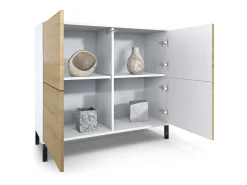 Aparador Rova V3 – Armario de cocina moderno con 4 puertas Push-to-Open blanco mate / crema de alto brillo (92,5 x 83.5 x 35)