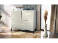Aparador Rova V3 – Armario de cocina moderno con 4 puertas Push-to-Open blanco mate / crema de alto brillo (92,5 x 83.5 x 35)