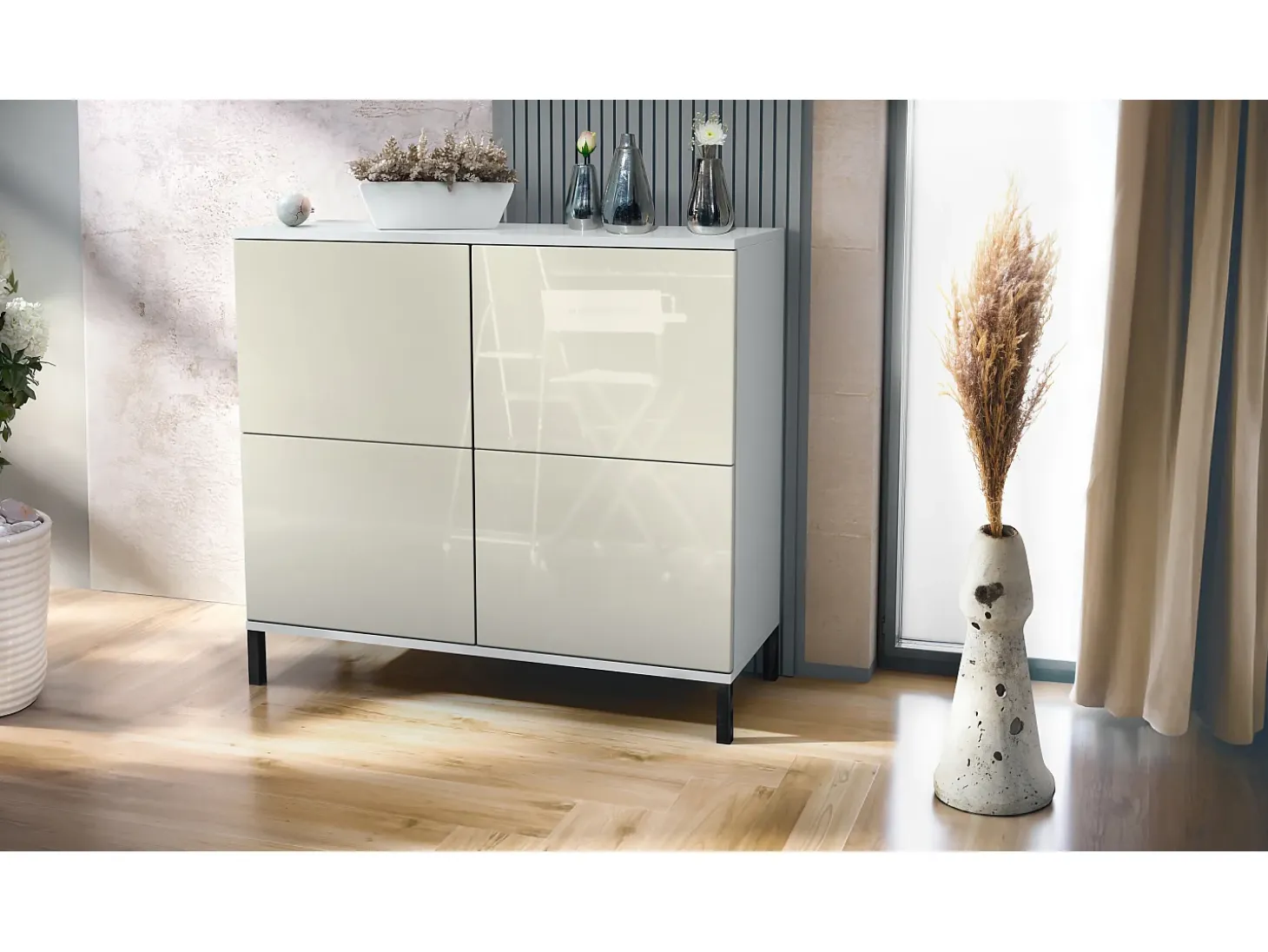 Aparador Rova V3 – Armario de cocina moderno con 4 puertas Push-to-Open blanco mate / crema de alto brillo (92,5 x 83.5 x 35)