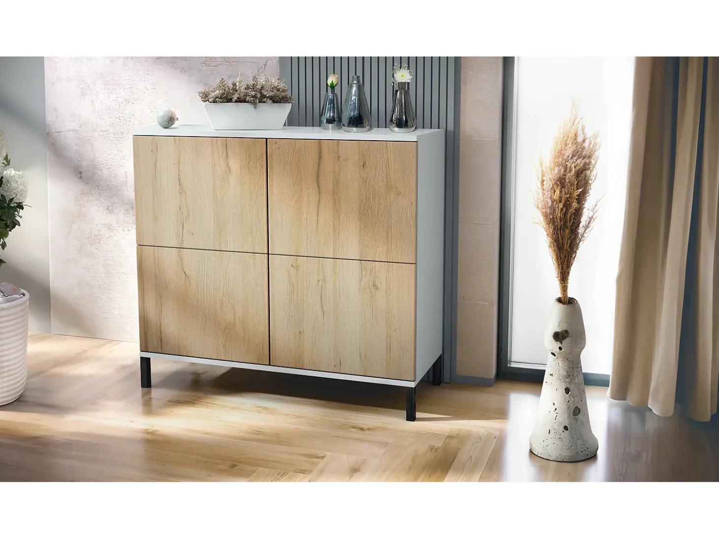 Aparador Rova V3 – Armario de cocina moderno con 4 puertas Push-to-Open blanco mate / roble natural (92,5 x 83.5 x 35)