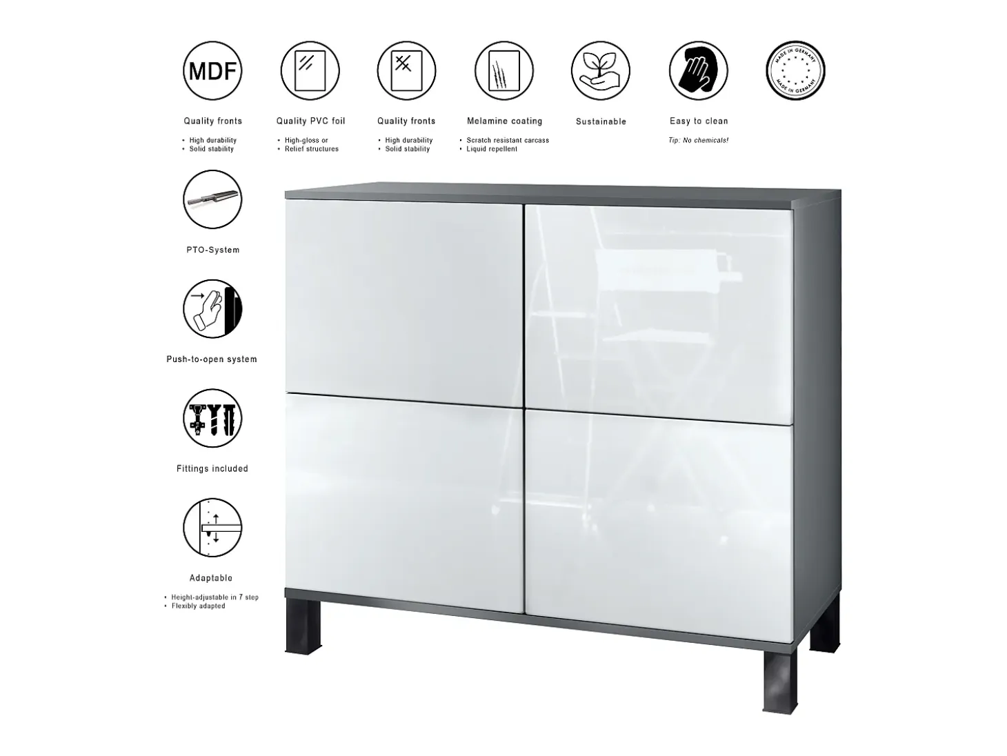 Aparador Rova V3 – Armario de cocina moderno con 4 puertas Push-to-Open antracita mate / gris arena de alto brillo (92,5 x 84.5 x 35)