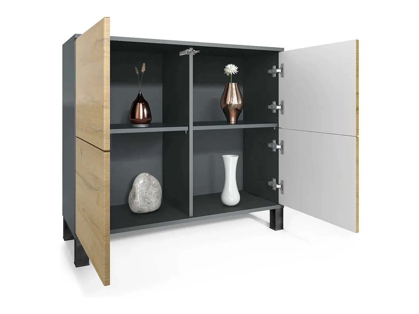 Aparador Rova V3 – Armario de cocina moderno con 4 puertas Push-to-Open antracita mate / gris arena de alto brillo (92,5 x 84.5 x 35)