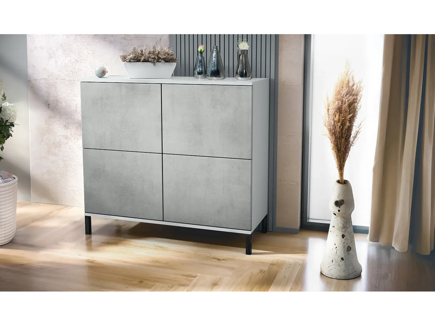 Aparador Rova V3 – Armario de cocina moderno con 4 puertas Push-to-Open blanco mate / hormigón oxidado (92,5 x 83.5 x 35)