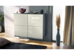 Aparador Rova V3 – Armario de cocina moderno con 4 puertas Push-to-Open antracita mate / crema de alto brillo (92,5 x 73.5 x 35)