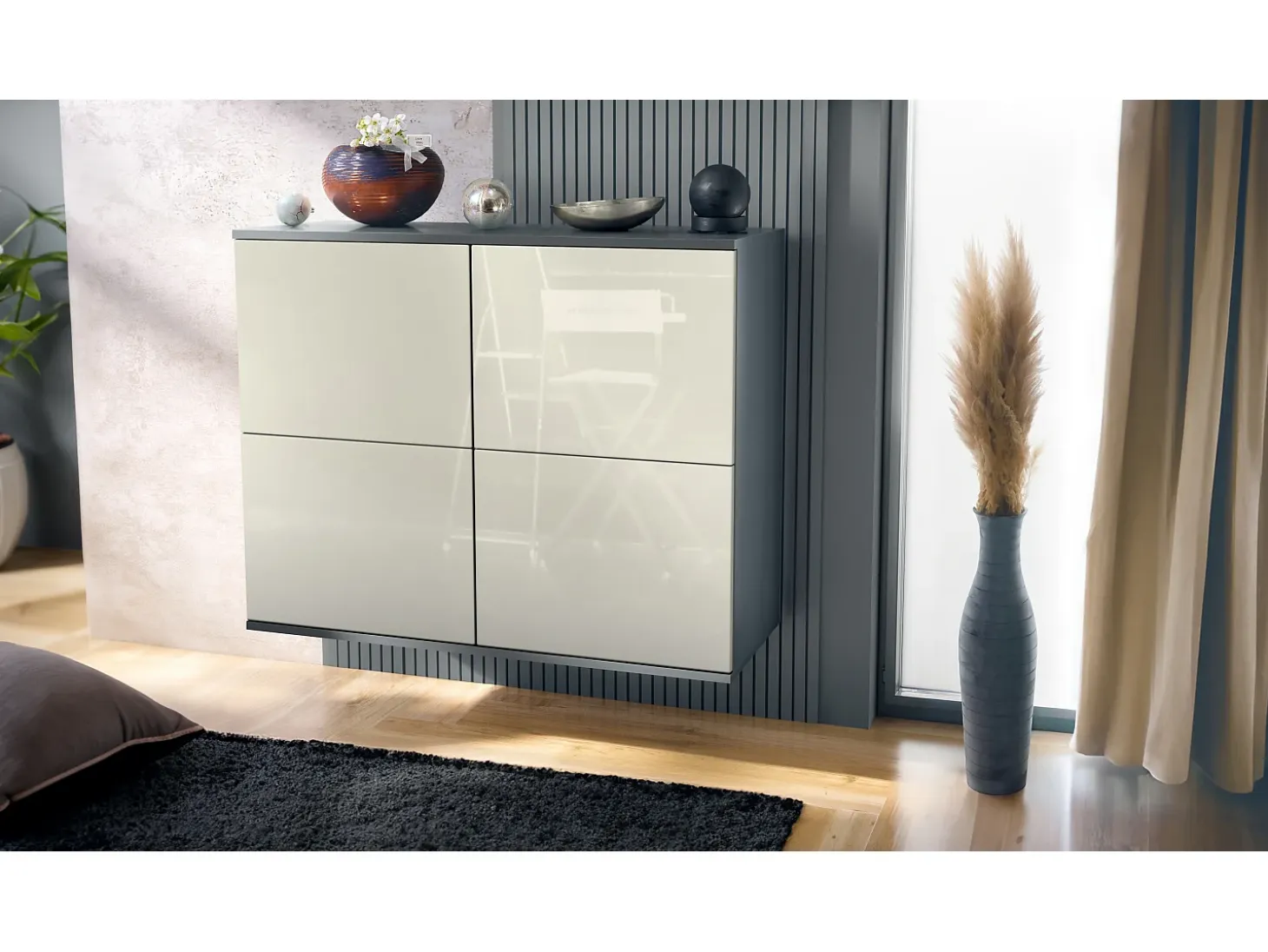Aparador Rova V3 – Armario de cocina moderno con 4 puertas Push-to-Open antracita mate / crema de alto brillo (92,5 x 73.5 x 35)