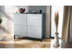 Aparador Rova V3 – Armario de cocina moderno con 4 puertas Push-to-Open antracita mate / blanco de alto brillo (92,5 x 83.5 x 35)