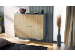 Aparador Rova V3 – Armario de cocina moderno con 4 puertas Push-to-Open antracita mate / roble natural (92,5 x 73.5 x 35)