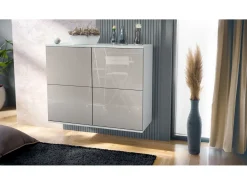 Aparador Rova V3 – Armario de cocina moderno con 4 puertas Push-to-Open blanco mate / gris arena de alto brillo (92,5 x 73.5 x 35)