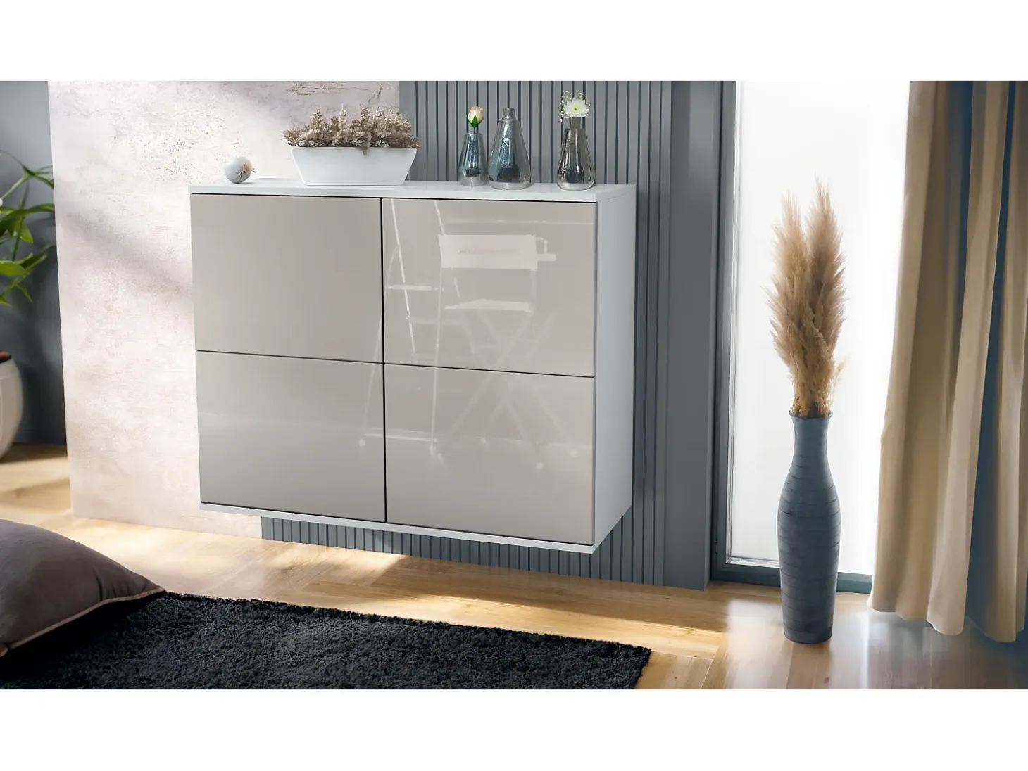 Aparador Rova V3 – Armario de cocina moderno con 4 puertas Push-to-Open blanco mate / gris arena de alto brillo (92,5 x 73.5 x 35)