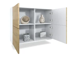 Aparador Rova V3 – Armario de cocina moderno con 4 puertas Push-to-Open blanco mate / gris arena de alto brillo (92,5 x 73.5 x 35)