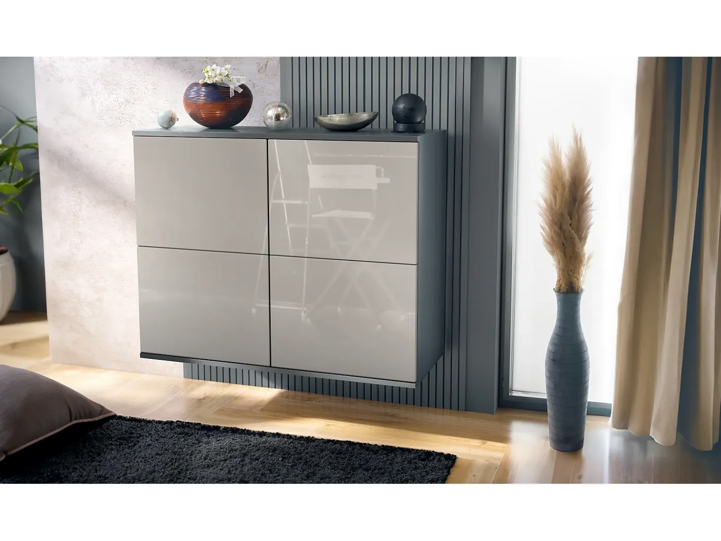 Aparador Rova V3 – Armario de cocina moderno con 4 puertas Push-to-Open antracita mate / gris arena de alto brillo (92,5 x 73.5 x 35)