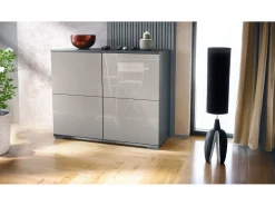 Aparador Rova V3 – Armario de cocina moderno con 4 puertas Push-to-Open antracita mate / gris arena de alto brillo (92,5 x 75.5 x 35)